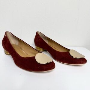 TORY BURCH Platos Suede Low Heel Flats Burgundy Gold Toe Plate Size 8M